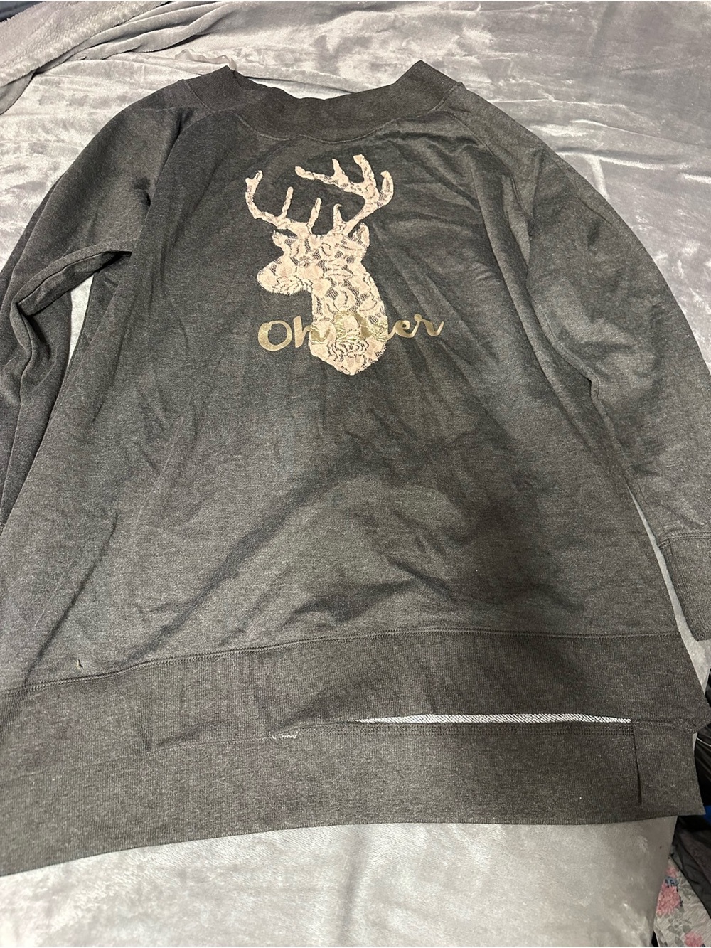 Maurices Dark Charcoal Gray Crewneck Sweatshirt with Floral Deer Graphic
